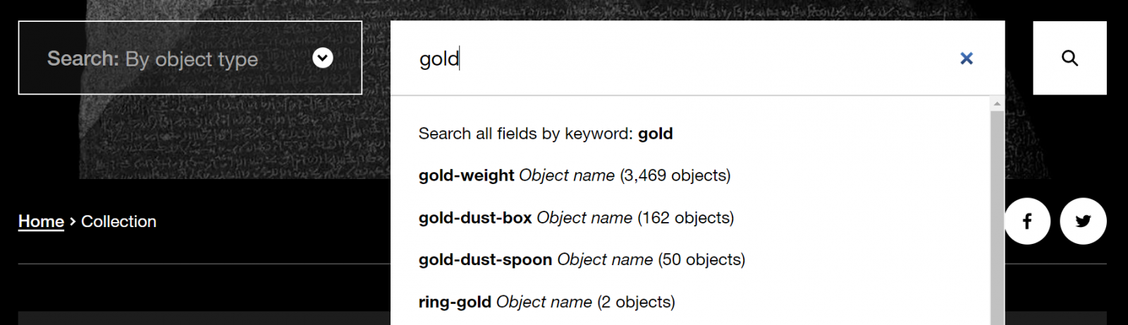 Screen grab of Collection online search showing options to narrow your search