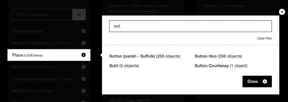 Screen grab of Collection online filter showing category overlay