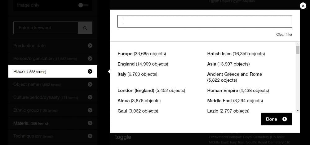 Screen grab of Collection online filter showing category overlay