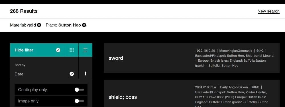 Screen grab of Collection online filter showing category overlay