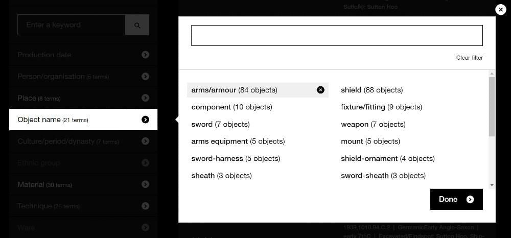 Screen grab of Collection online filter showing category overlay