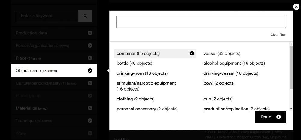 Screen grab of Collection online filter showing category overlay
