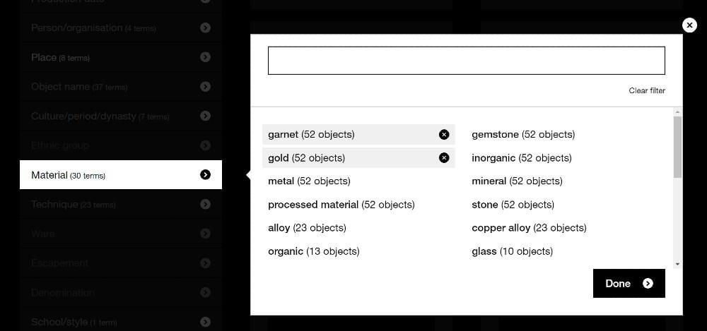 Screen grab of Collection online filter showing category overlay