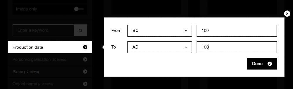 Screen grab of Collection online filter showing production date overlay