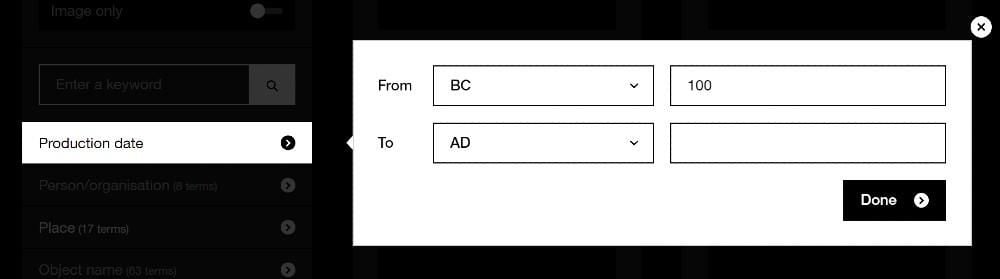 Screen grab of Collection online filter showing production date overlay