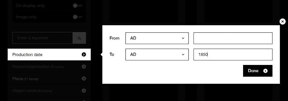 Screen grab of Collection online filter showing production date overlay