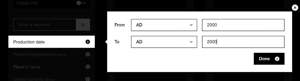 Screen grab of Collection online filter showing production date overlay