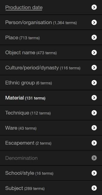 Screen grab of Collection online filter showing filter categories