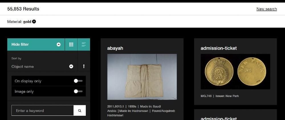 Screen grab of Collection online search results page