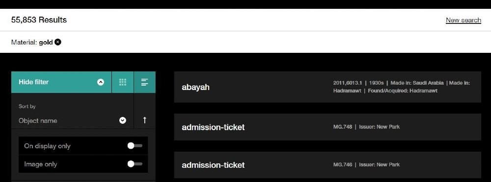 Screen grab of Collection online search results page – list view