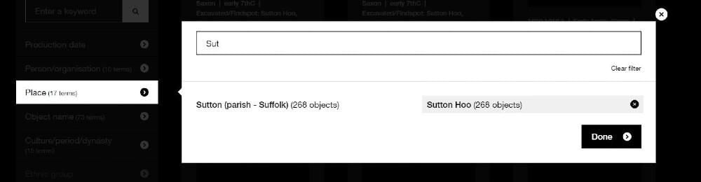 Screen grab of Collection online filter showing category overlay – selecting a category term