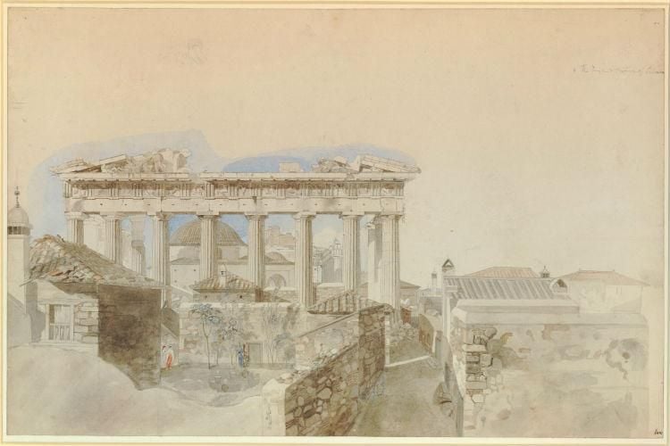 East front of the Parthenon, narrow walled street and garden