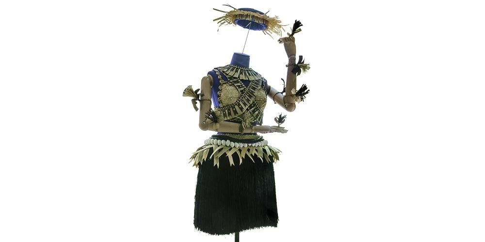 Handmade dance costume with neck and arm ornaments, sash, raffia skirt and bralet
