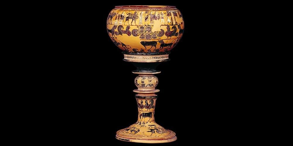 Black-figured dinos (wine-bowl) and stand painted by Sophilos