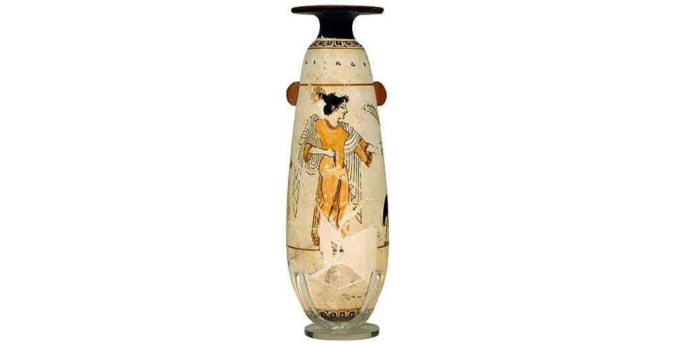 Pottery white-ground oil or perfume flask depicting a woman.