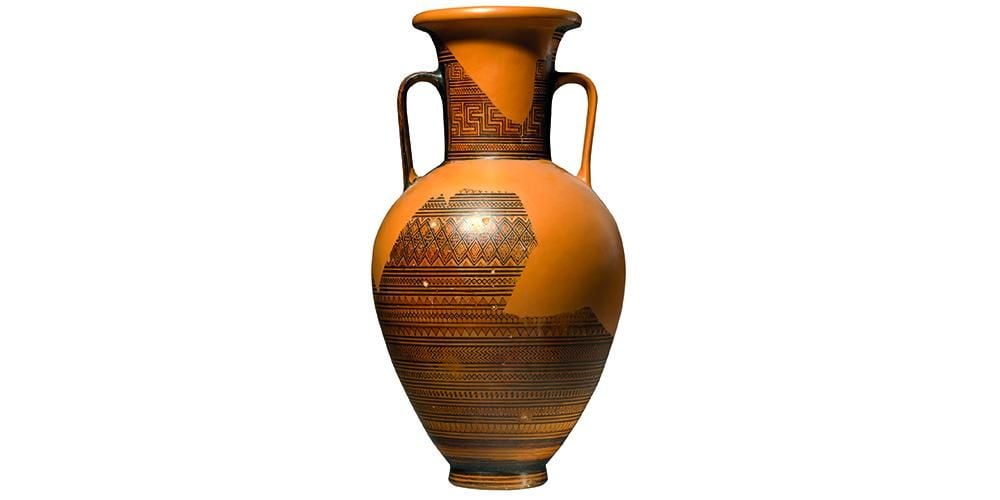 Pottery amphora with painted geometric decoration in black.