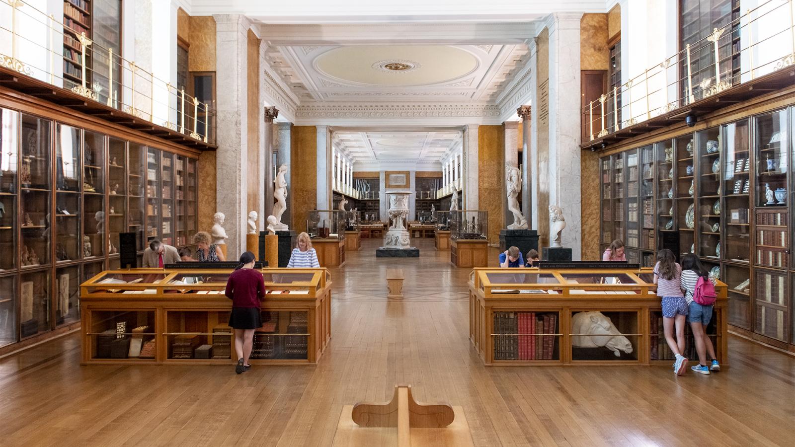 Small groups of children and adults looking in display cases in the Enlightenment gallery.