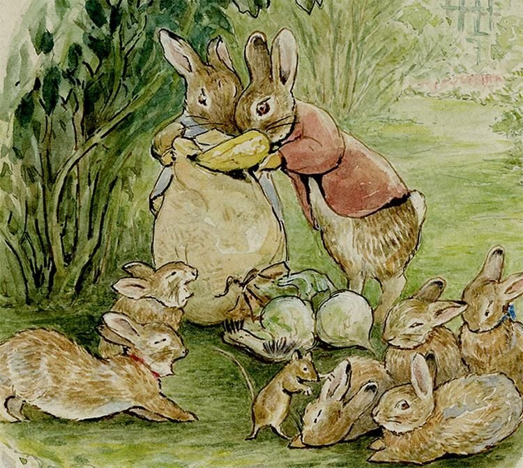 The Flopsy Bunnies being pulled out of a sack to safety by their parents.