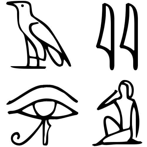 Four hieroglyph symbols showing a vulture, two feathers, an eye of Horus and a man with hand to mouth.