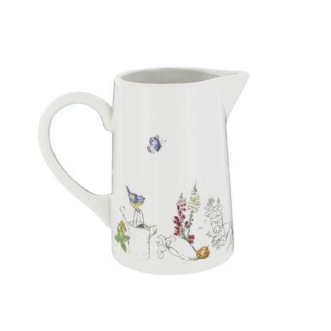 Whit milk jug with illustrations taken from Beatrix Potter's Peter Rabbit.