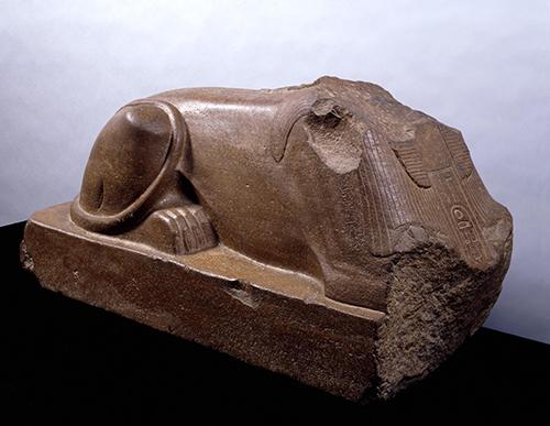Brown quartzite sphinx, head lost.