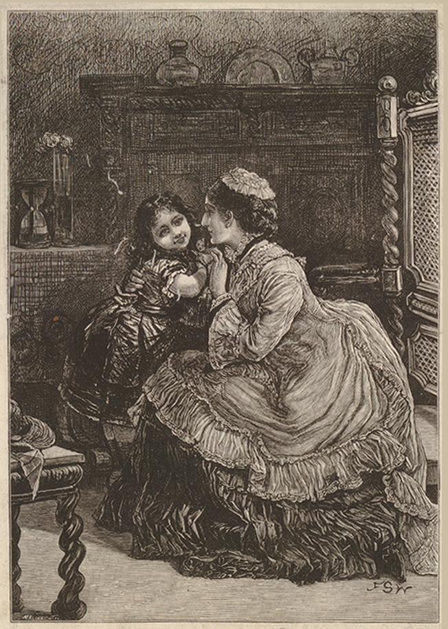 A woman sitting in profile and embracing a child standing next to her.