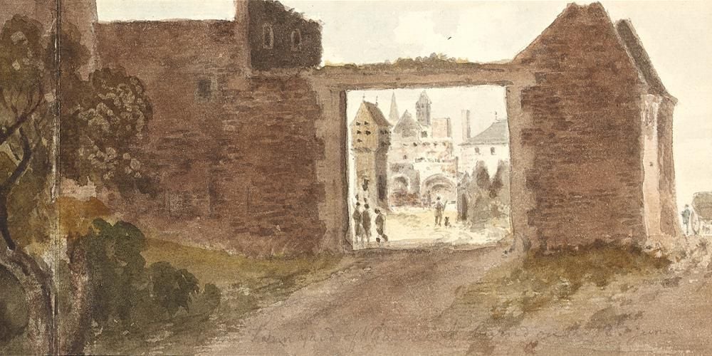 Watercolour view into the yard of a burned down farmyard through an open gate, trees on the left.