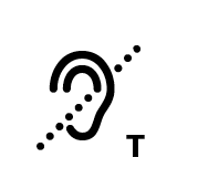 An ear with a dotted line, indicating sound, travelling through, with a capital 'T' in the right-hand corner.
