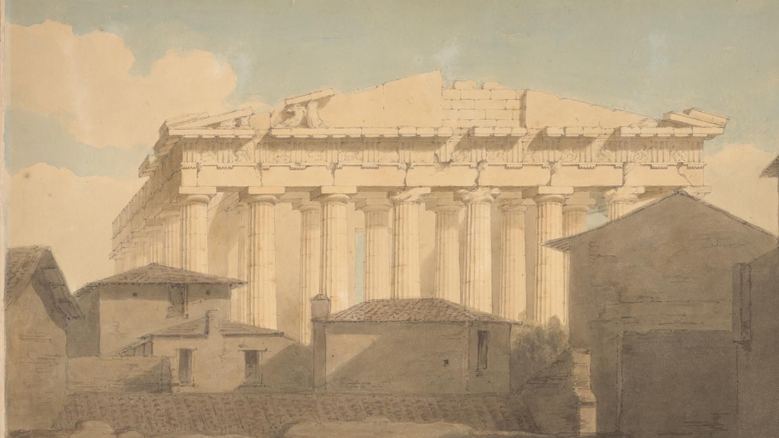 A drawing of the Parthenon with the sun shining upon it. The colonnade and roof are centre. There are more modern buildings around it.