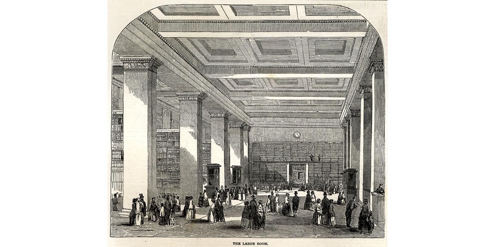 An archival drawing of Room 24 in the British Museum from the Victorian era, showing visitors mingling in the space.