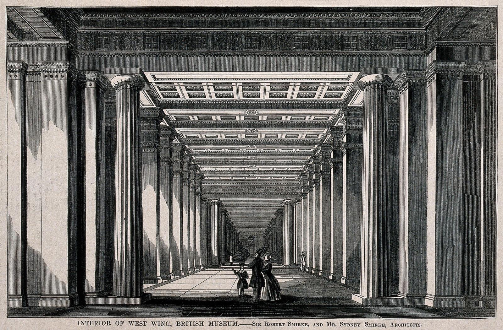 Engraving of the length of a gallery at the British Museum with three visitors.
