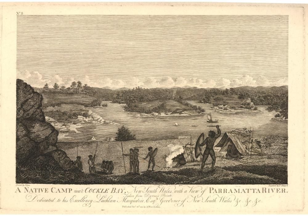 Black and white etching showing Indigenous Australian camp in the countryside. 
