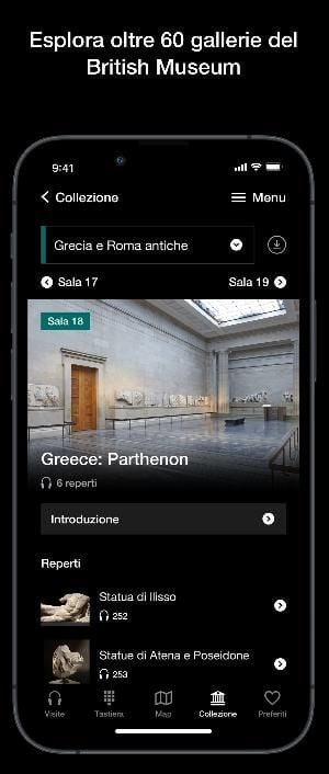 Screenshot taken from the British Museum Audio app with text translated in Italian.