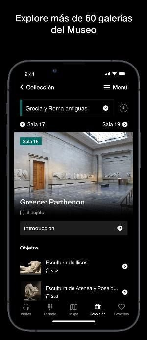Screenshot taken from the British Museum Audio app with text translated in Spanish..