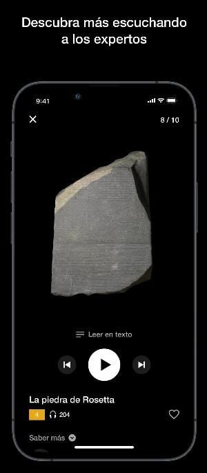 Screenshot taken from the British Museum Audio app with text translated in Spanish..