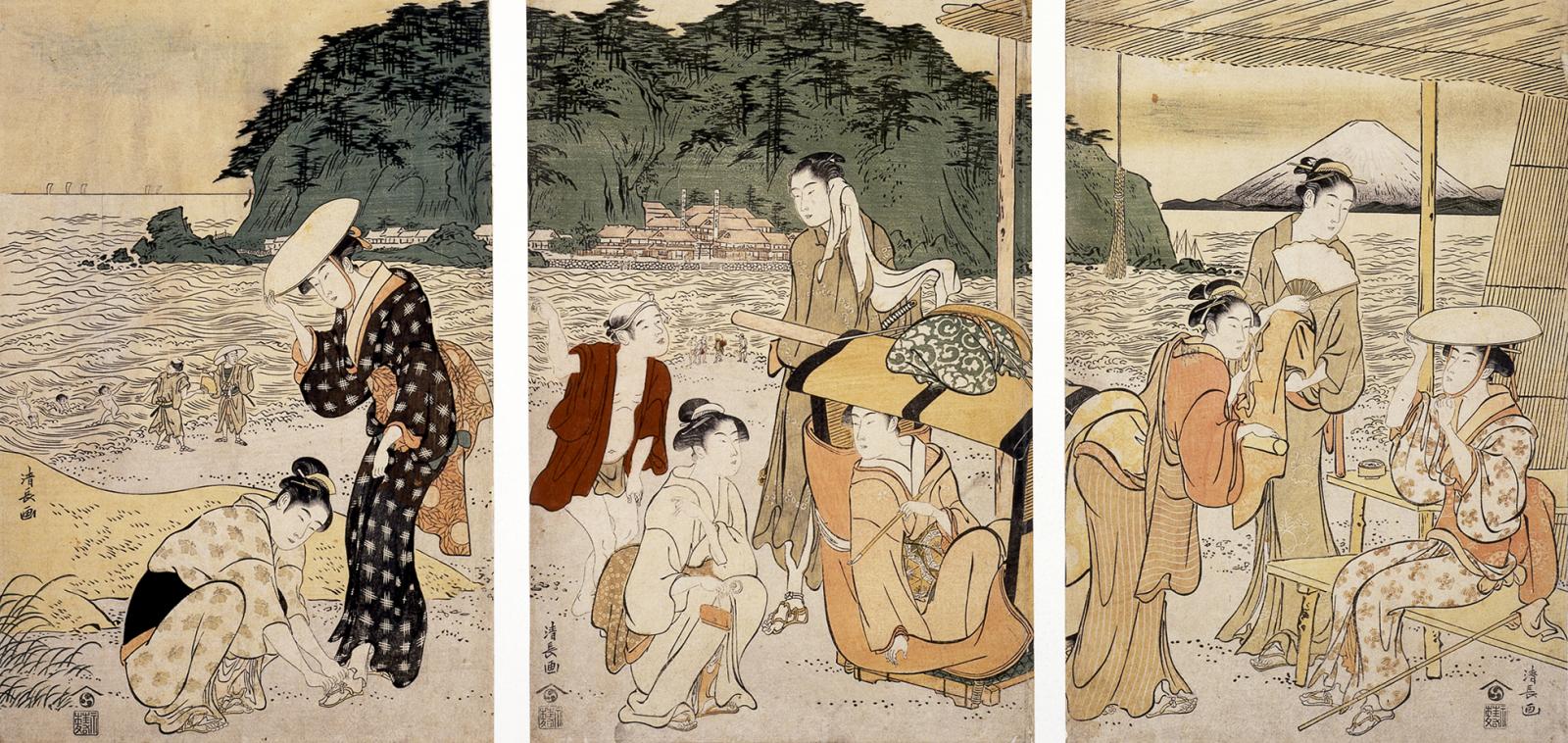 Colour woodblock oban triptych print, depicting elegantly dressed travellers waiting at tea-stall at Katase Beach, snow-capped Mt Fuji in distance