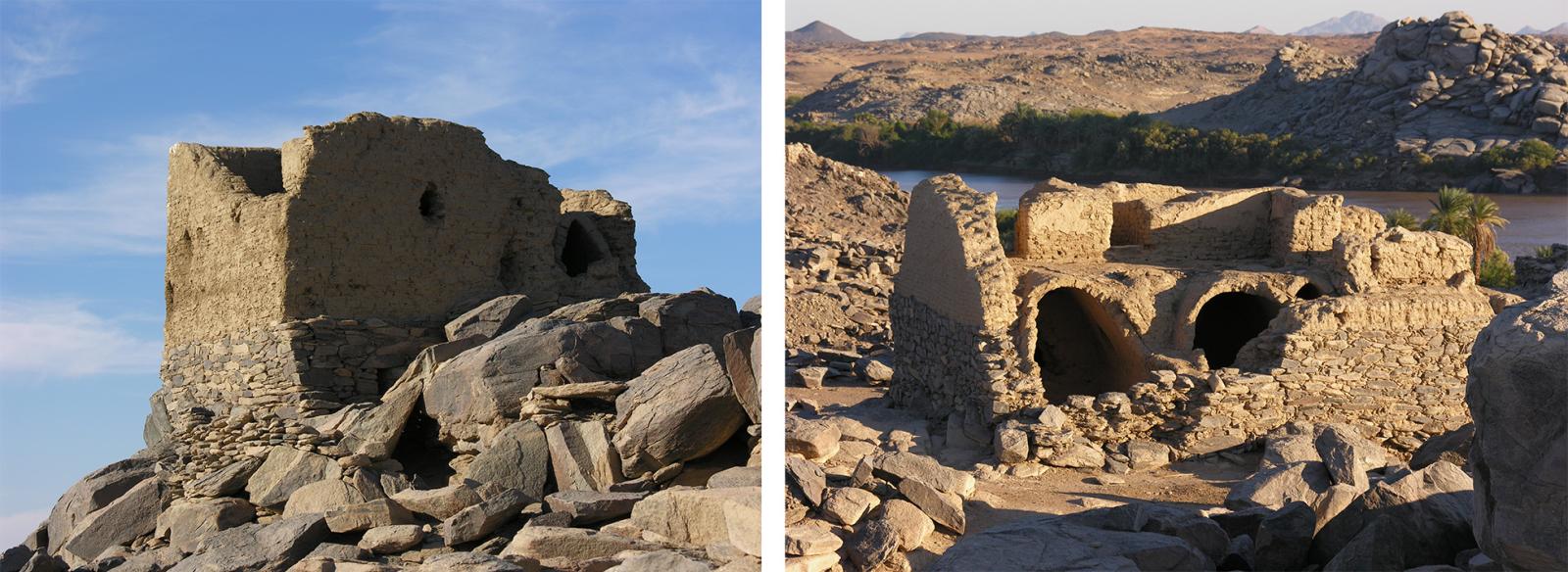 Two photographs of houses made of mudbrick and stone