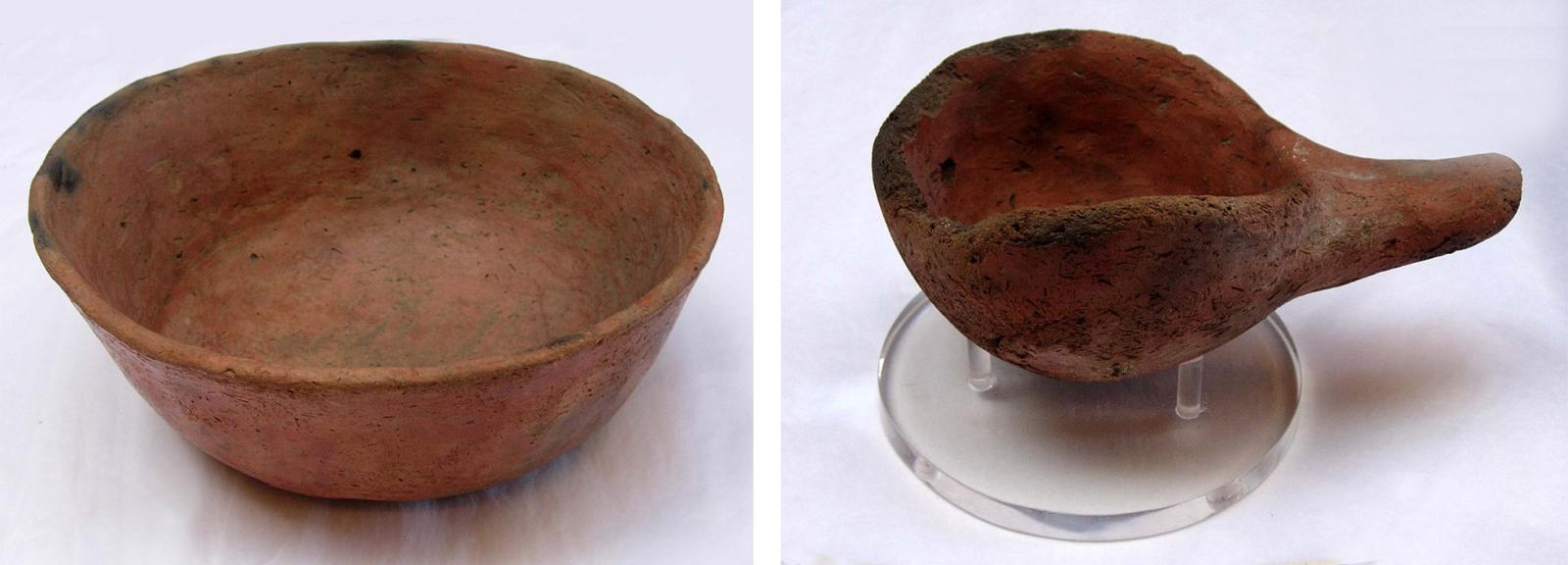 Two photographs of undecorated hand-made Later Christian Red Domestic Ware covered with red dry-coat slip, large bowl on left, ladle on right with short conical handle