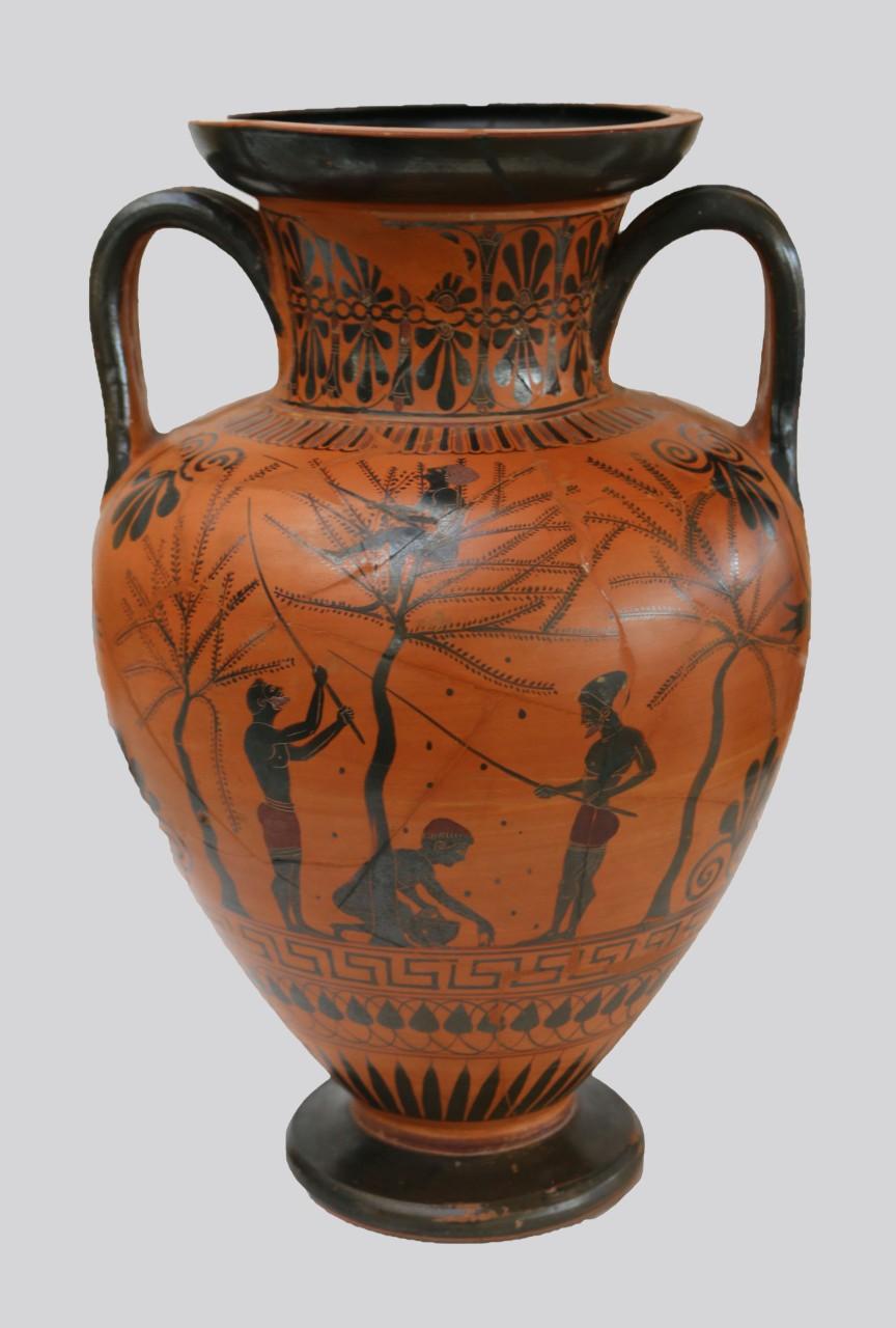 Three olive-trees, a youth in the branches of central one with a stick in his hands. Two bearded figures either side are beating the trees with long sticks