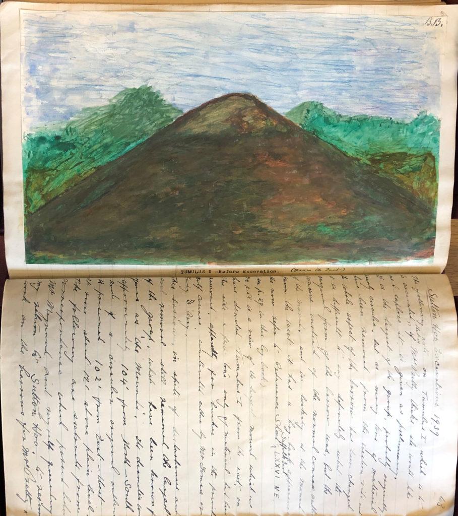 Open diary with one page showing watercolour of burial mound, other page with handwriting
