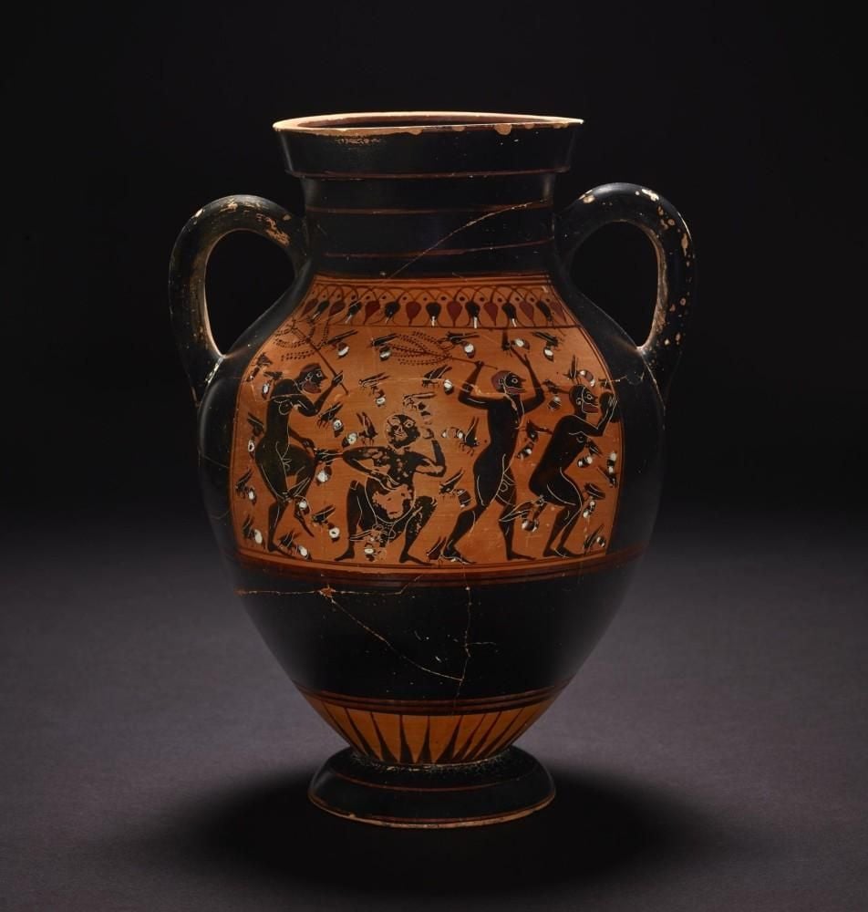Black-figured, two-handled vessel, depicting four male figures being stung by bees, all nude and bearded