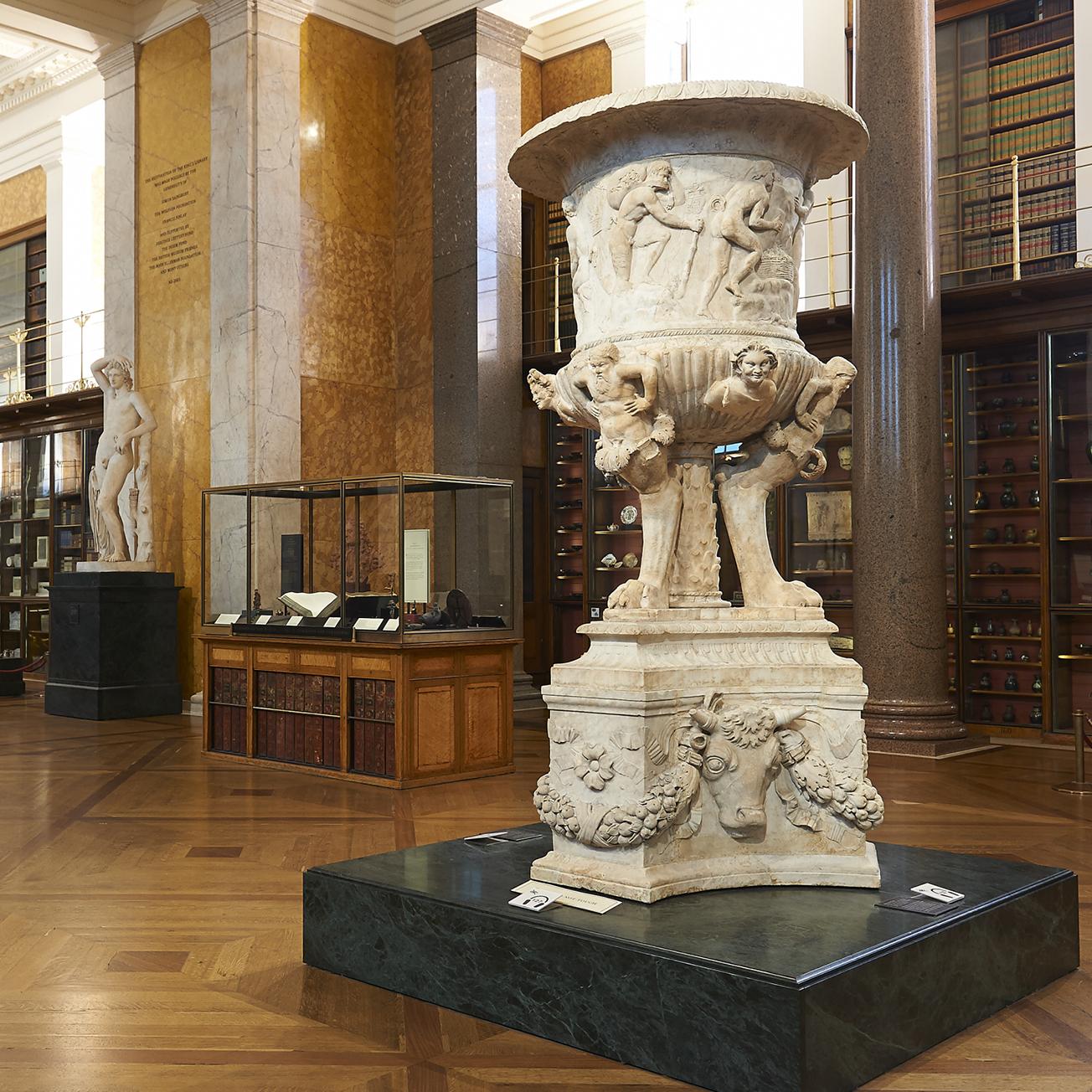 Large ornate marble crater on display in Enlightenment Gallery