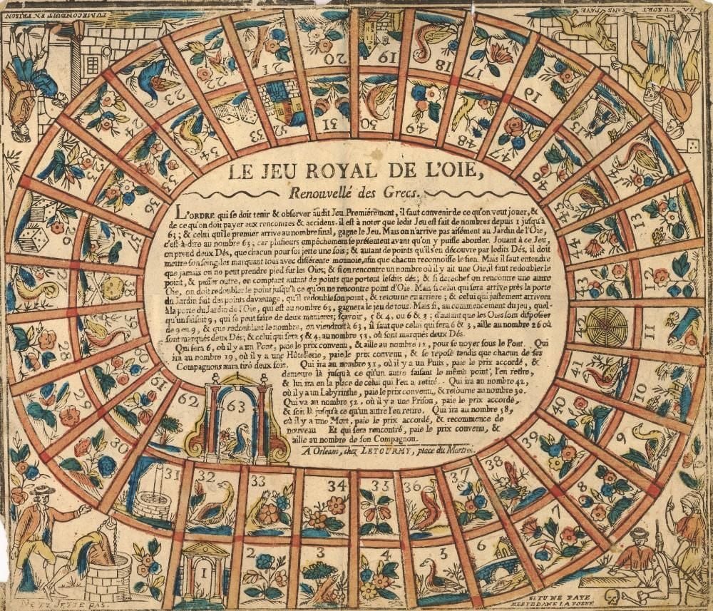 Game board with pictorial compartments from 1 to 63 in a spiral, in the final central compartment, a goose going through an archway, detailed rules in French in centre