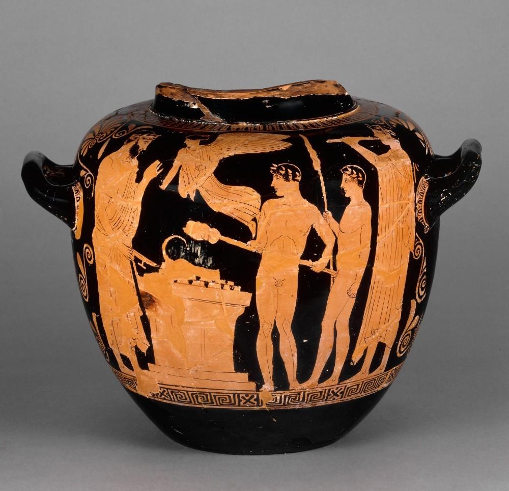 Storage jar depicting figures standing around altar with meat on spit,  winged goddess Nike overhead