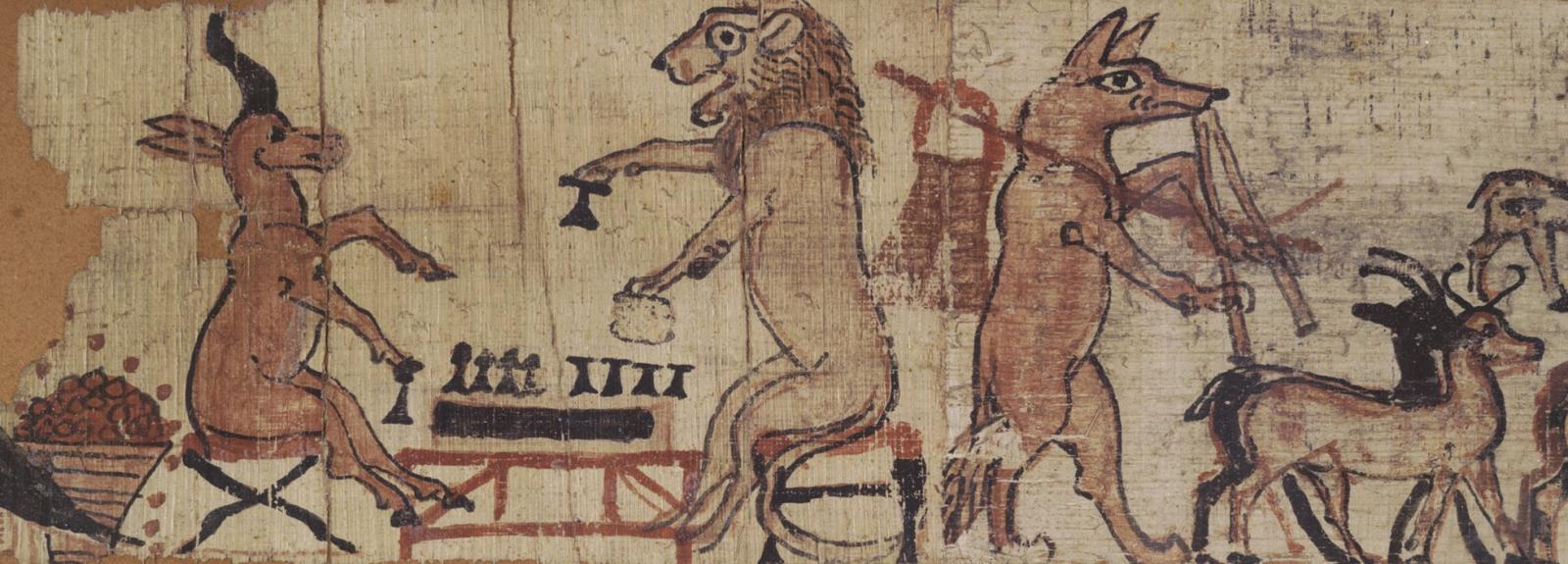 A papyrus illustrated with a lion and a gazelle playing a board game, possibly Senet.