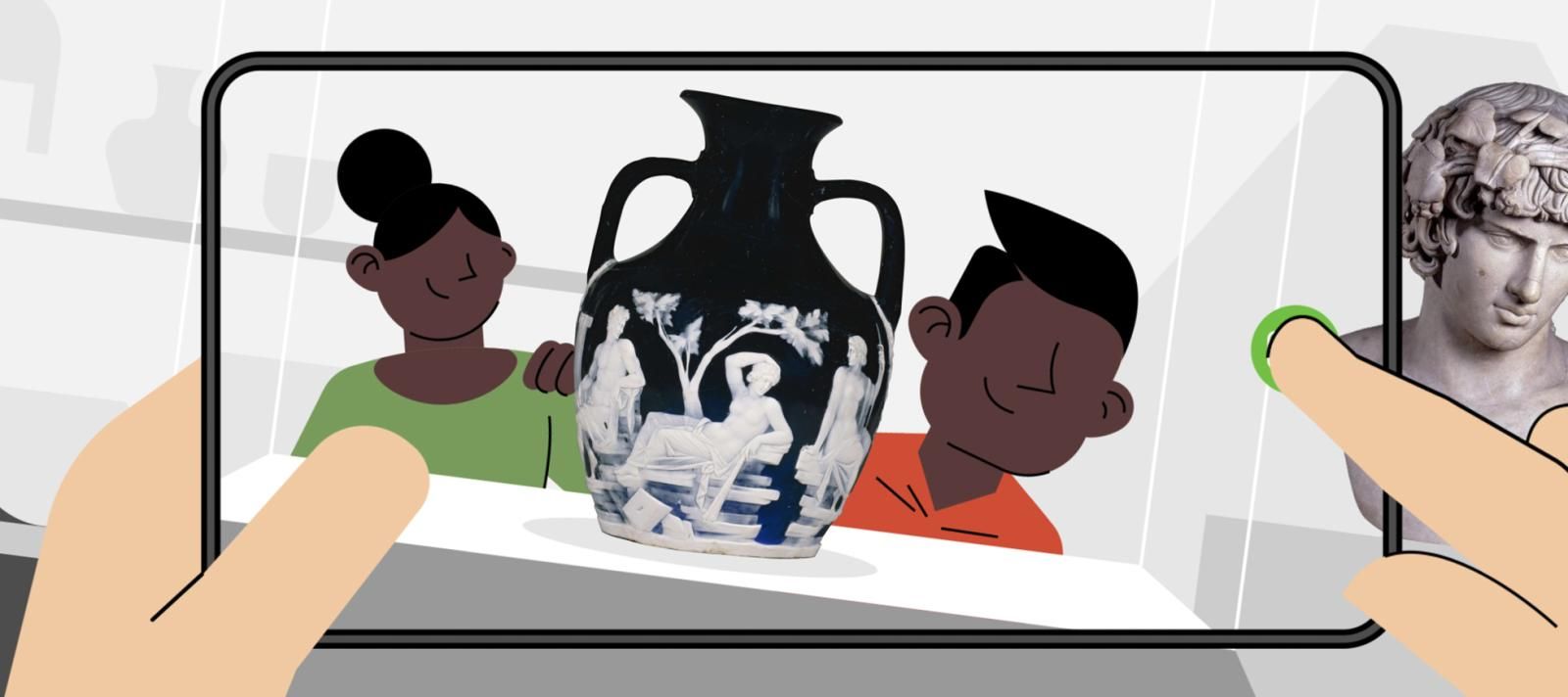 Illustration, two people being captured on smartphone screen looking at vase