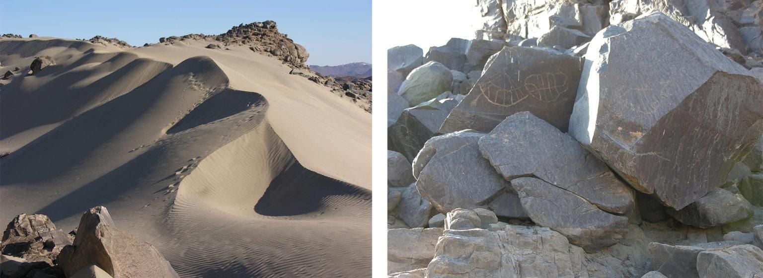 Two photos, on the left sandy dunes, on the right large rocks with some graffiti carved in