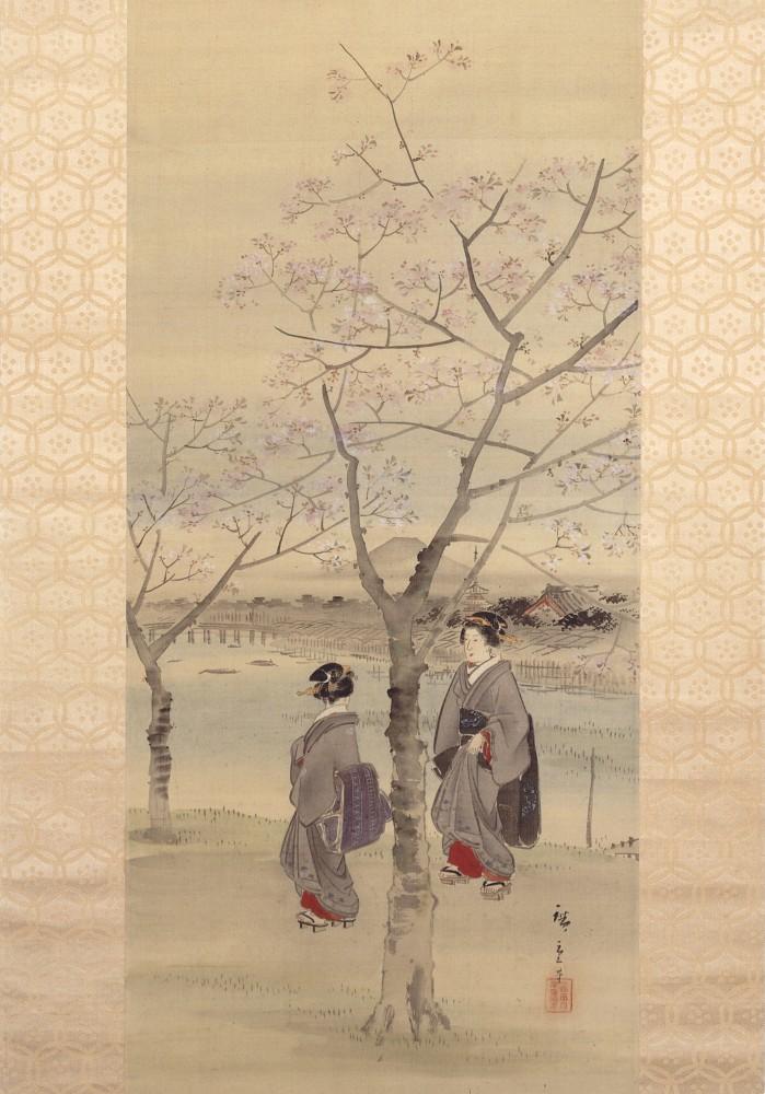 Hanging scroll depicting two women under flowering cherry tree by Sumida River, Senso-ji on far bank and Mt. Fuji in distance