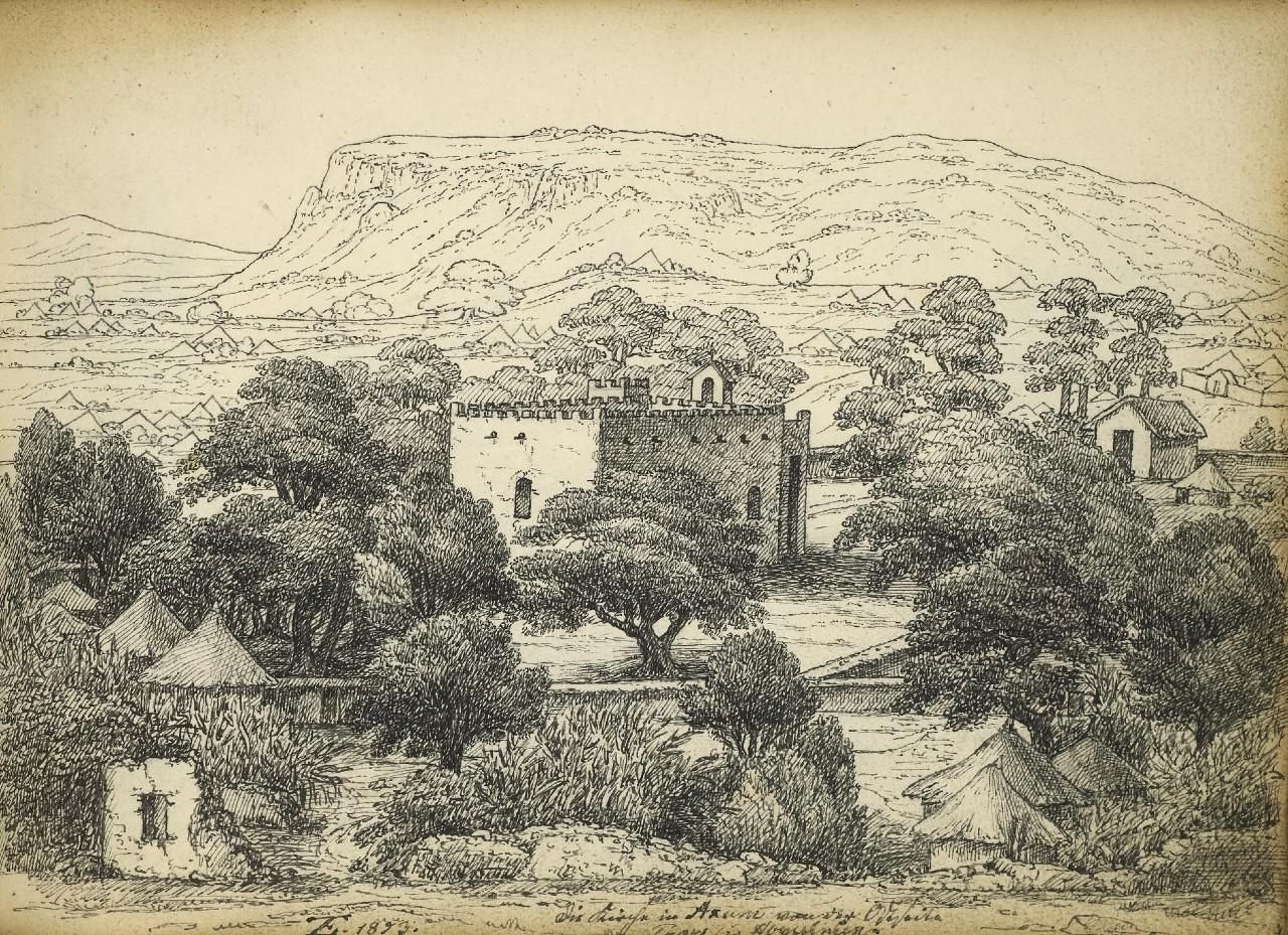 Drawing of view across a valley of the cathedral of St Mary of Zion, Aksum, among trees in the foreground and a high plateau in the distance