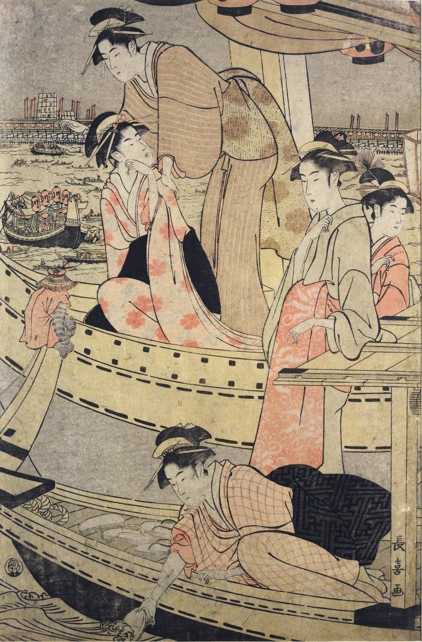 Detail of a colour woodblock print depicting women in kimonos in a large pleasure barge, on the Sumida River.